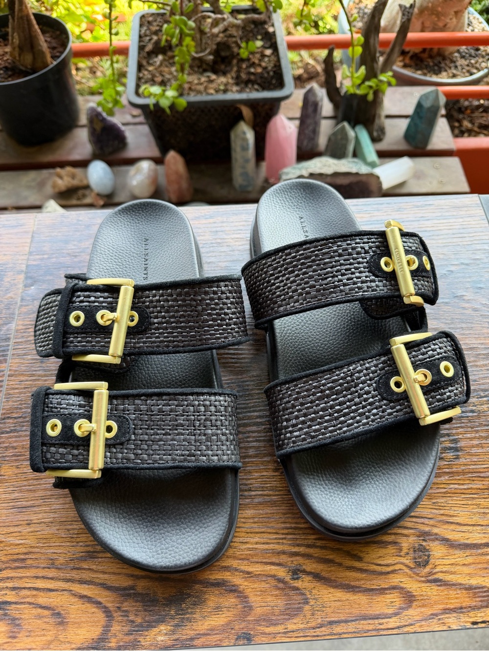 All Saints Black Sian Raffia Sandals with Gold Buckle